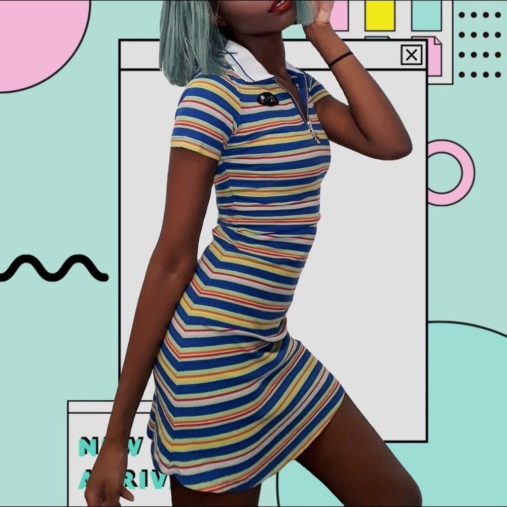 Dolls Kill x Delias Stripe Polo Zipper Mini Dress Ribbed Knit Rainbow Collared